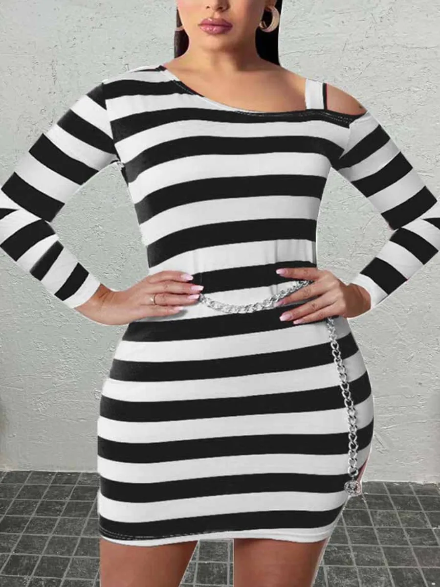 

LW Plus Size Inclined Neck Striped Bodycon Dress One Shoulder Asymmetrical Mini Dresses Long Sleeve Sexy Sheath Vestiods