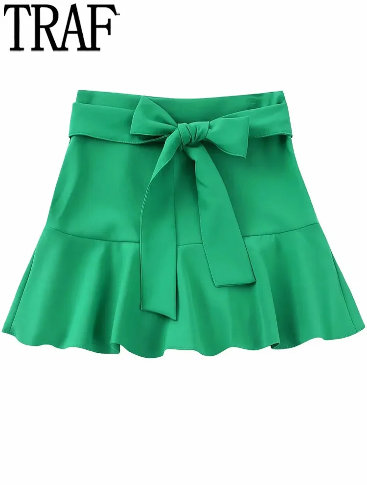 

TRAF Green Ruffle Skirt Women Bow High Waist Short Skirt Woman 2022 Autumn Winter Mini Skirt Shorts Streetwear Women's Skorts