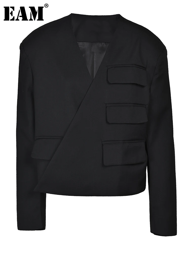 

[EAM] Women Khaki Irregular Pockets Big Size Brief Blazer New V-neck Long Sleeve Loose Jacket Fashion Spring Autumn 2023 1DF8386