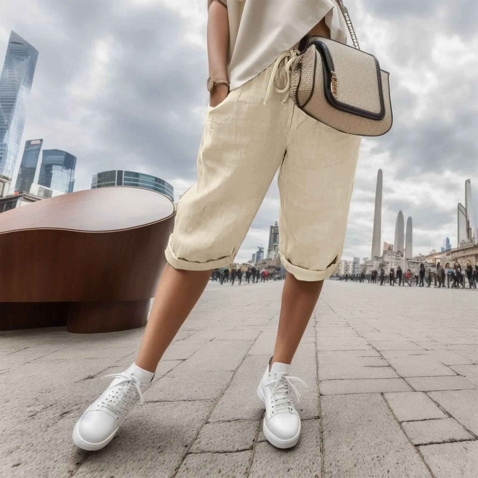 

Women Casual Cotton Linen Pants Loose Solid Color High Waist Drawstring Elastic Waist Trouses Soft Breathable Pockets Pants