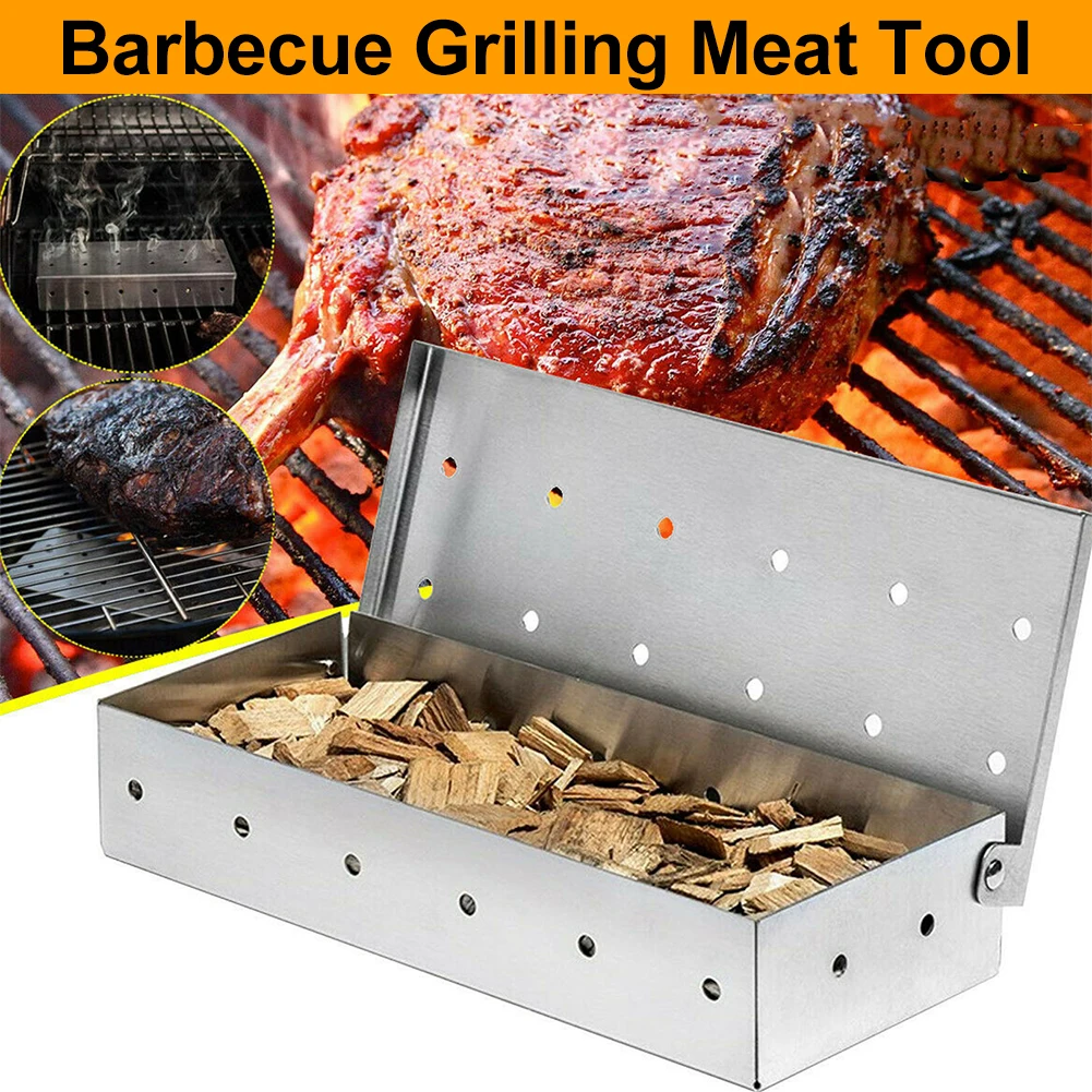 

Grill Smoker Box Stainless Steel Cold Smoke Box For Wood Chips With Hinged Lid Barbecue Grill Smoking Outdoor BBQ Accessories