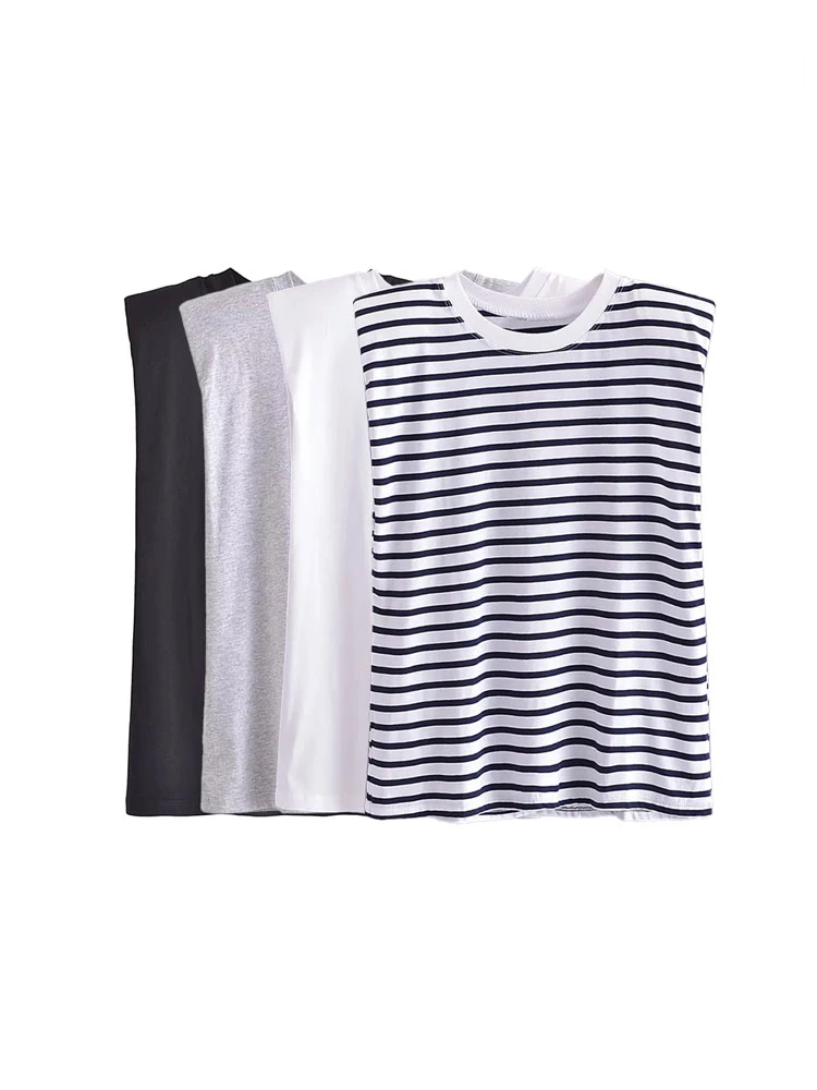 

TRAF Vest Women Summer Fashion with Shoulder Pads T Shirt Vintage O Neck Sleeveless Female Tops Tees Mujer Casual Clothes