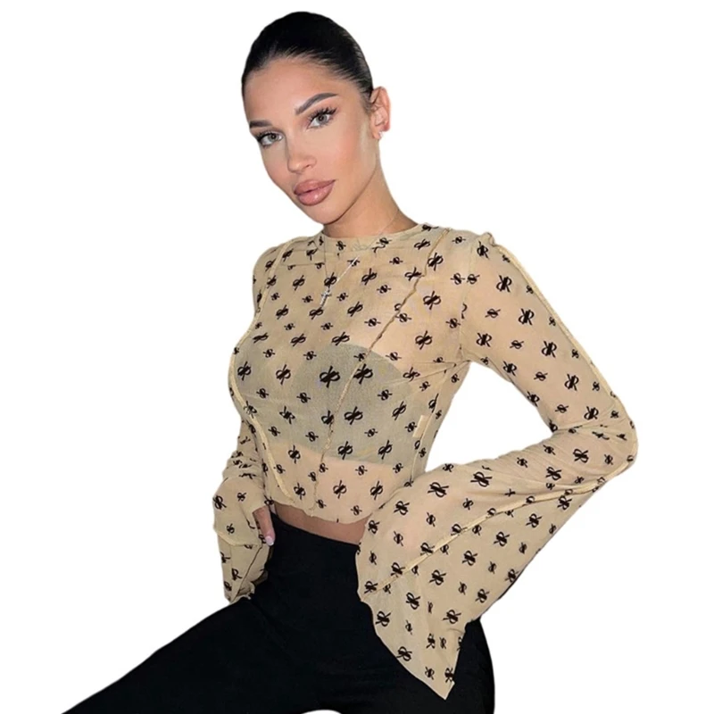 

Women Mesh Crop Top Long Sleeve See Through Shirt Sheer Blouse O Neck Clubwear