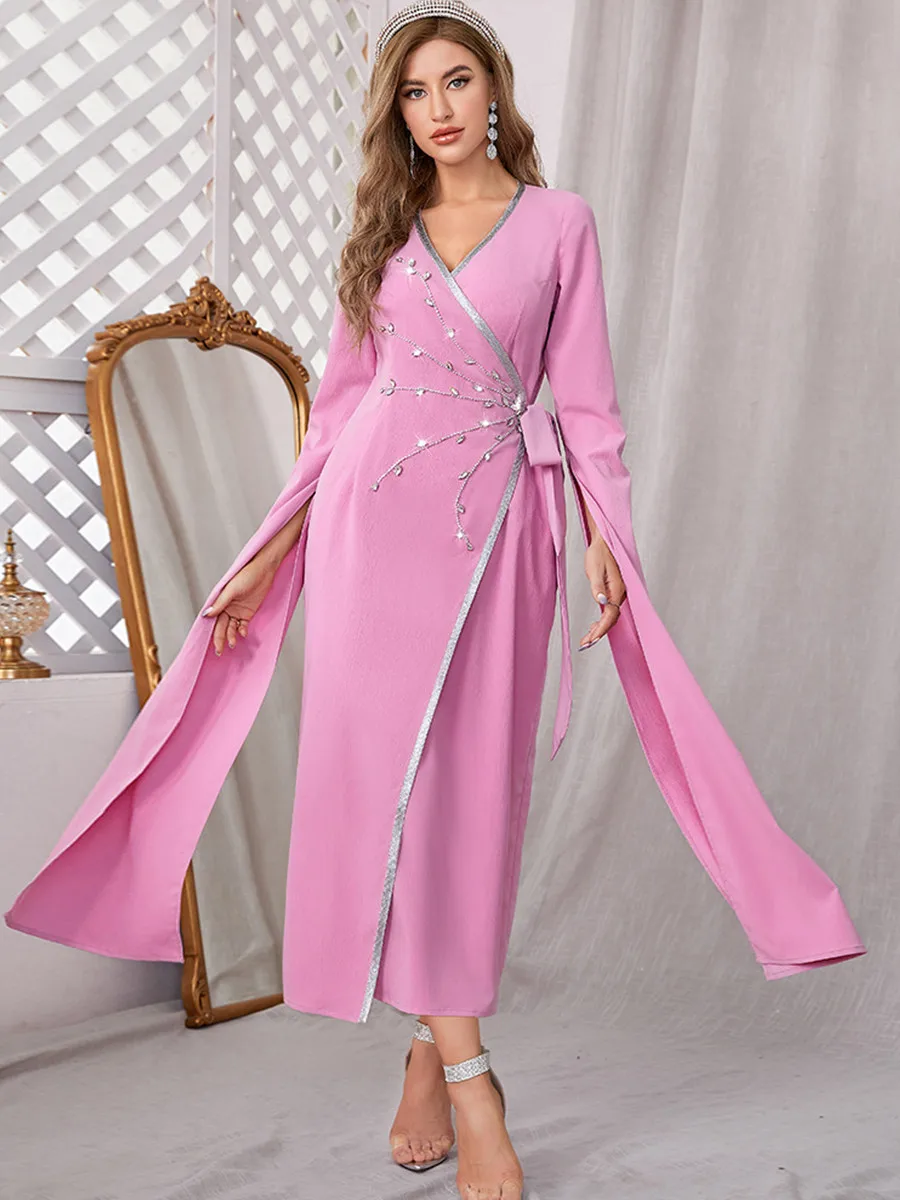 

Muslim Kaftans Women Dubai Abaya Dress Robe Femme Musulmane Islam Pink Fashion V-Neck Handmade Diamond Evening Party Dresses