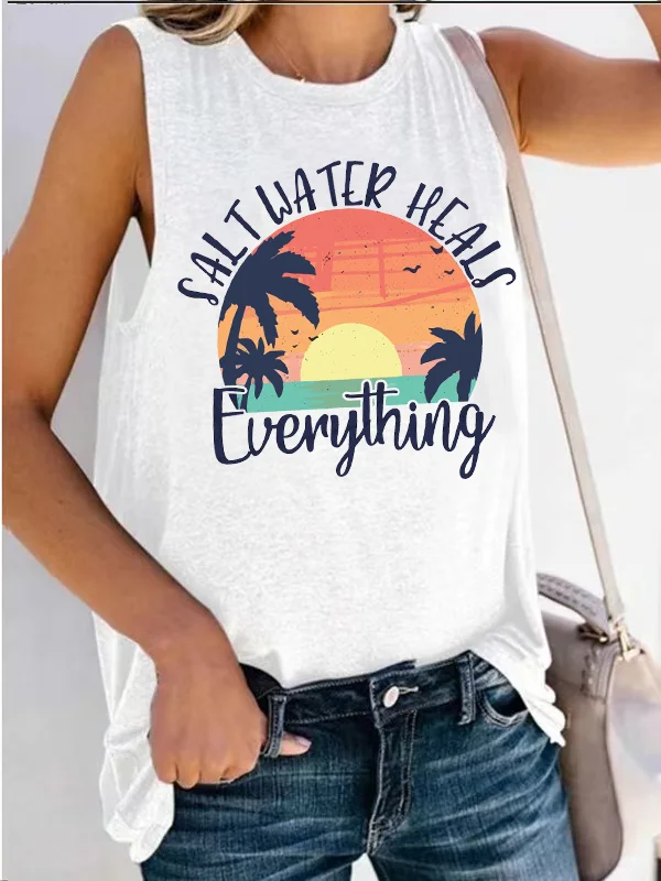 

Classic Style Salt Water Heal Everything Women Tank Top Sunset Beach Coconut Tree Ladies Casual Cozy Singlet