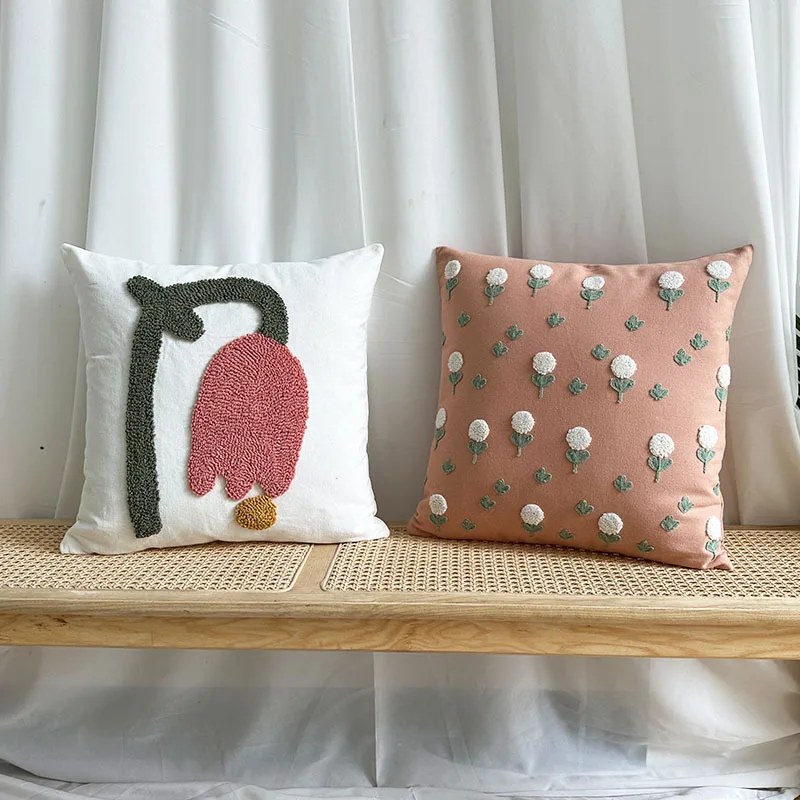 

Nordic Style Flower Loop Tufted Cushion Cover Pink Plant Embroidered Decorative Pillows for Sofa Home Bedside Pillowcase