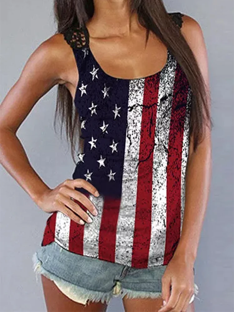 

Sleeveless Women T Shirt American Flag Star Sexy Lace Tee Shirt Flag Print Summer Striped Top Camisetas Verano Mujer