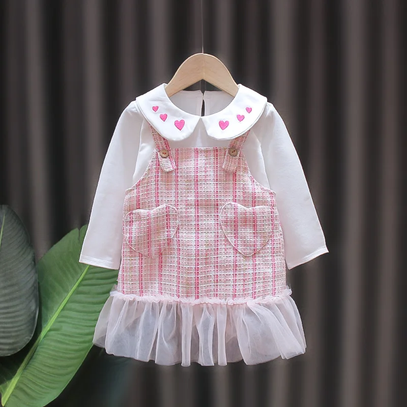 

Spring/ Autumn Girls' Love Shirt Tank Top Dress Two Piece Baby Dress Children's Checked Linen Small Fragrant Wind Princess Dress