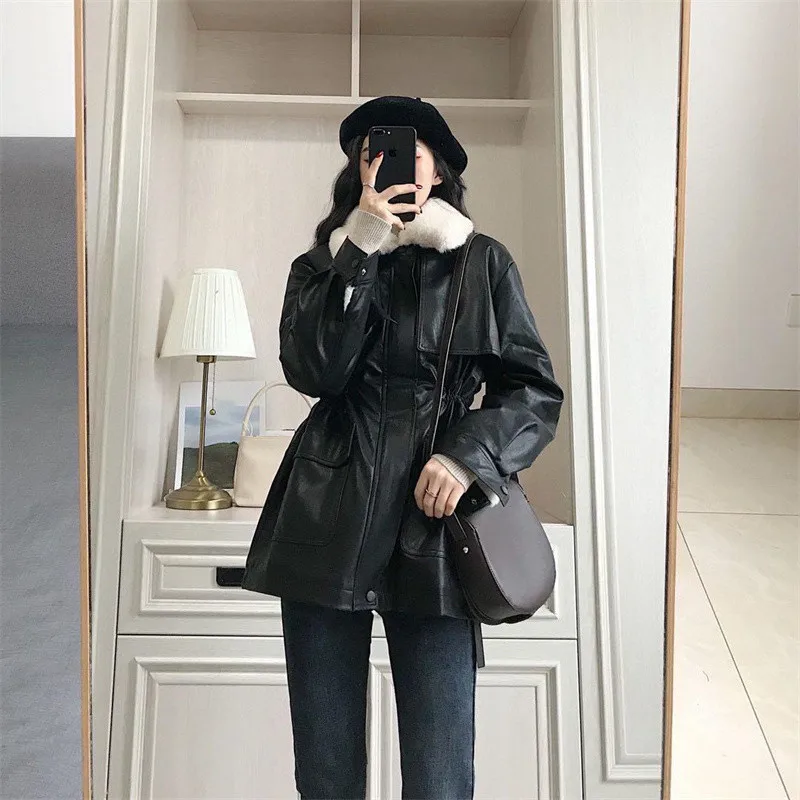 Leather Fur Coat Winter Jacket Women 2022 New Fall Lamb Wool Warm Locomotive Coat with Sashes Kor