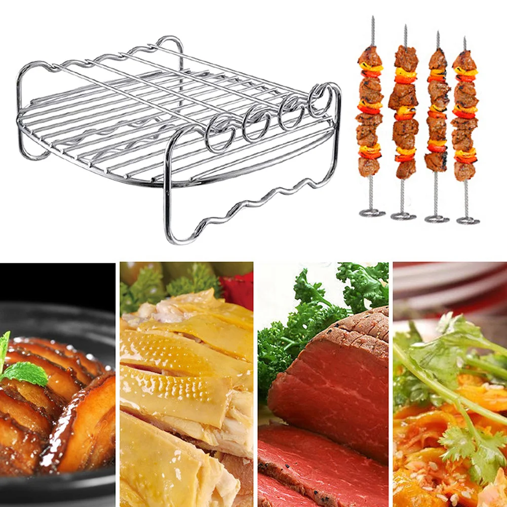 

Baking Tray Skewers Air Fryer Stainless Steel Holder BBQ Rack Double Layer Grill Baking Tray Replacement Barbecue Kitchen Tools