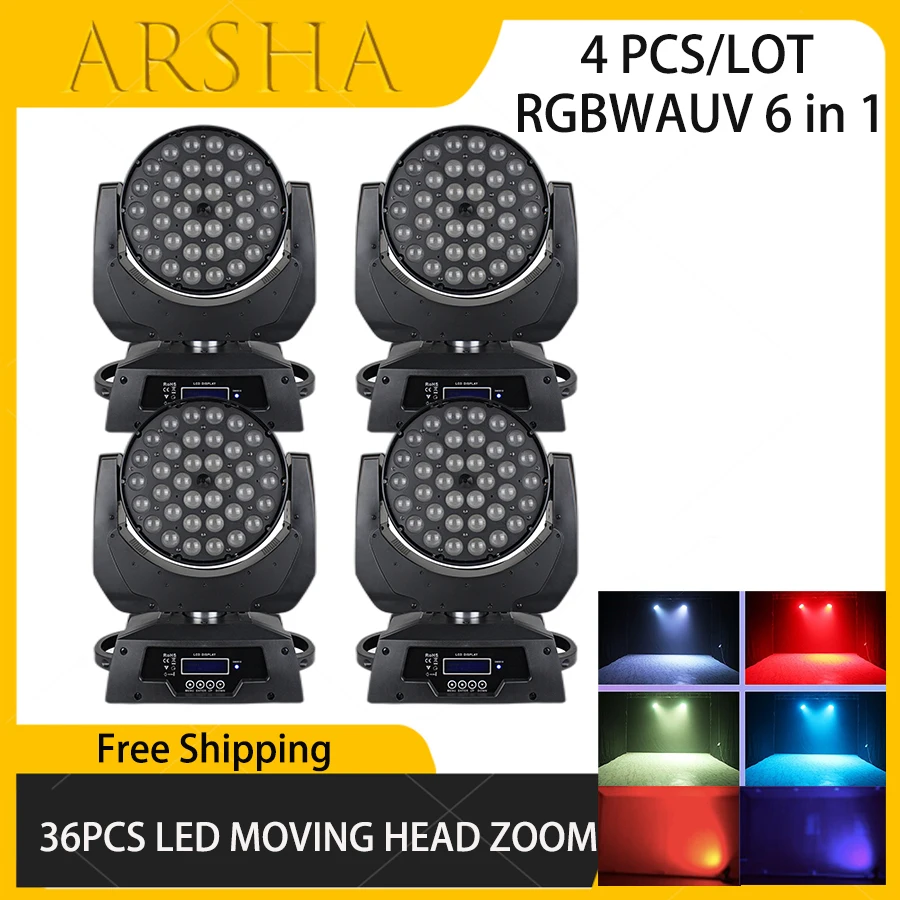 

4 PCS High Quality Stage Led Zoom Wash 36x18W RGBWAUV 6in1 Wash Zoom Moving Head Light Flight Case Led Moving Head Wash Light