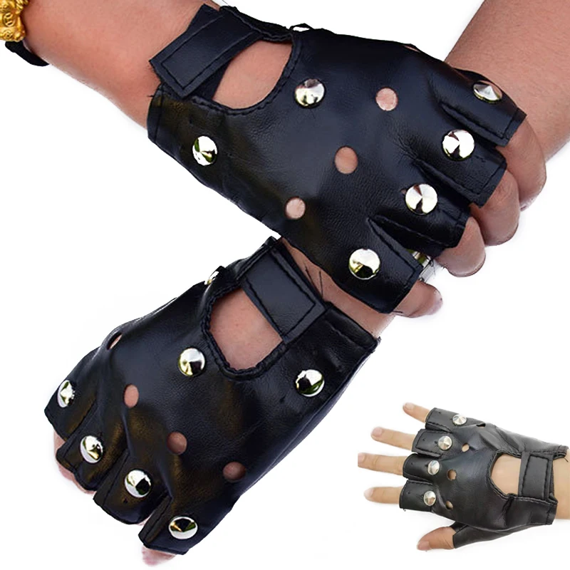 

1Pair Black PU Leather Fingerless Gloves Hollow Out Rivet Half Finger Driving Gloves Female Punk Mittens Dance Rivets Gloves