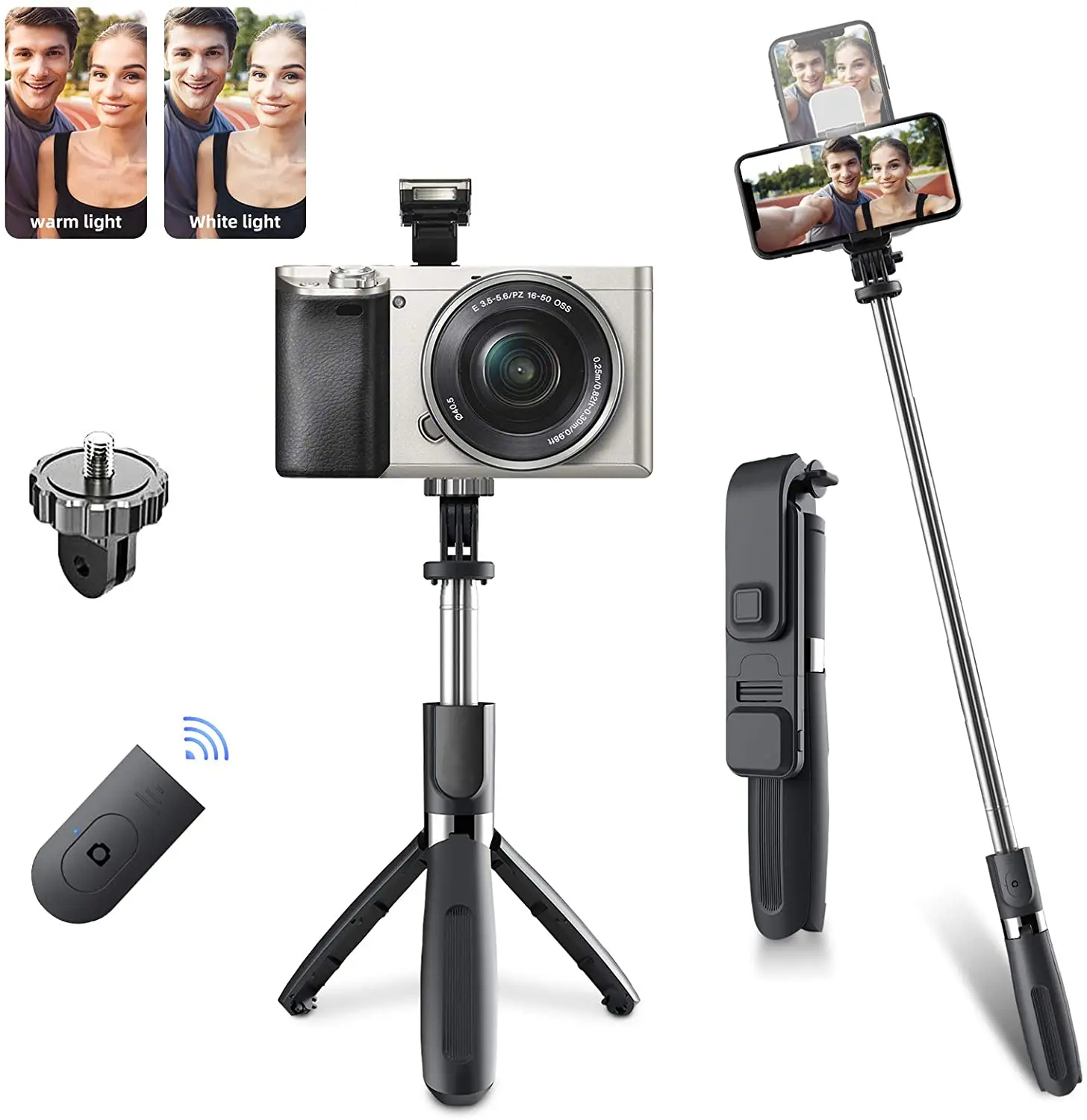 

Selfie Stick Tripod, Build in Lights & Compact Selfie Stick with Detachable Bluetooth Remote, Selfie Stick Tripod for Makeup,
