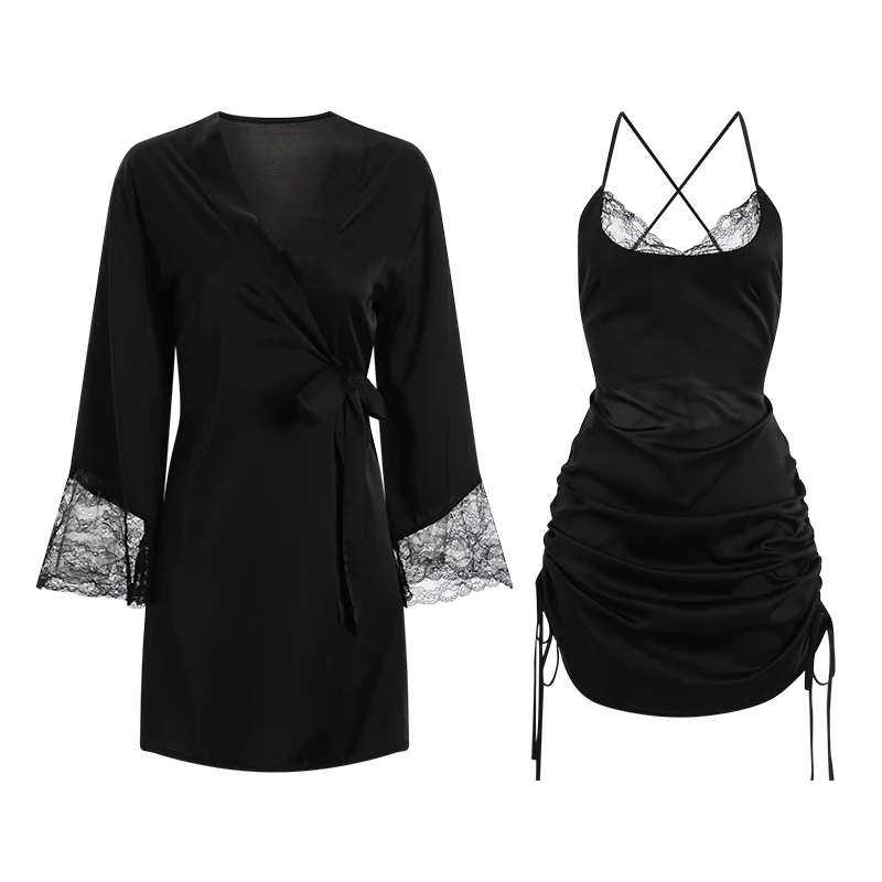 2023 Women Fashion Night Wears Sexy Lace Sweet Pajamas Set Pleated Drawstring Sling Nightdress Robe Women's Homewear Set Yellow