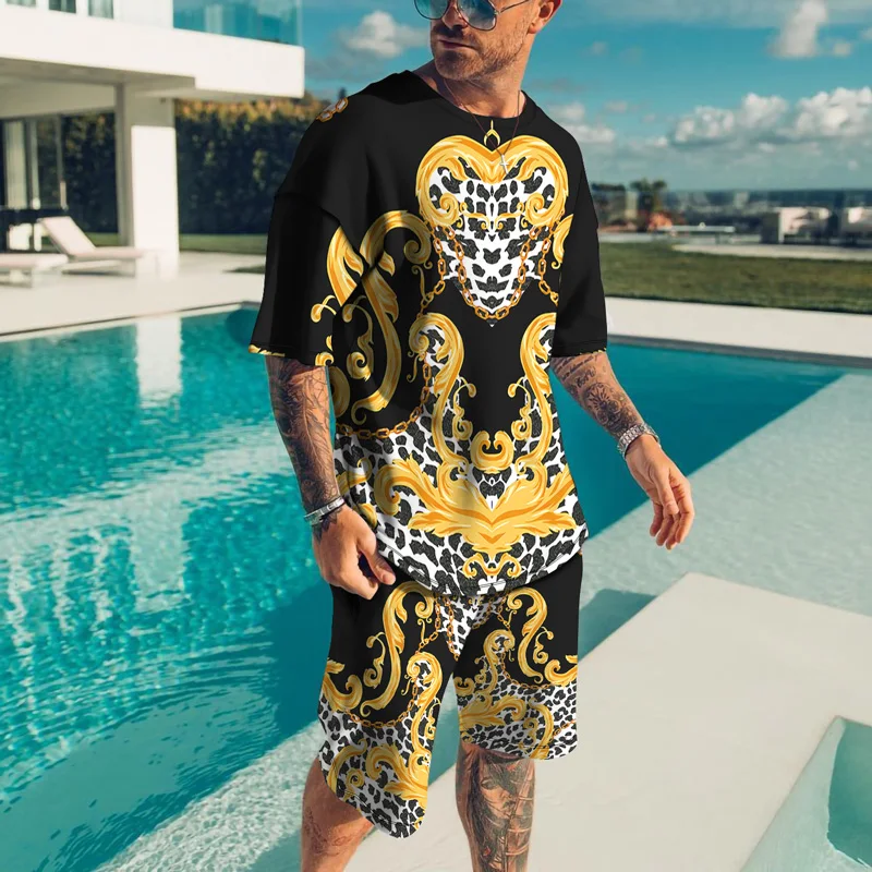 Summer Retro Street Trend 3D Printed Men's Sportswear Men's Oversized Clothing T-shirt Shorts Set Streetwear Men's 2 T-shirt Set