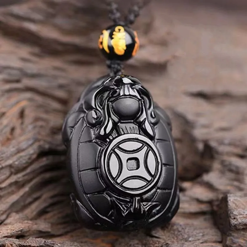 

Mai Chuang/Hand Carved/Natural Obsidian Wealth Dragon Turtle Necklace Pendant Fine Jewelry Fashion Men and Women Couple Gift
