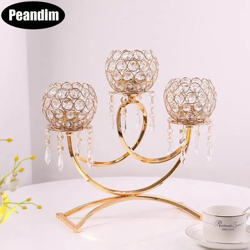 PEANDIM 3-arms Candelabra Golden Candle Holder With Crystal Pendants Votive Holder Party Wedding Centerpieces Decor Crafts
