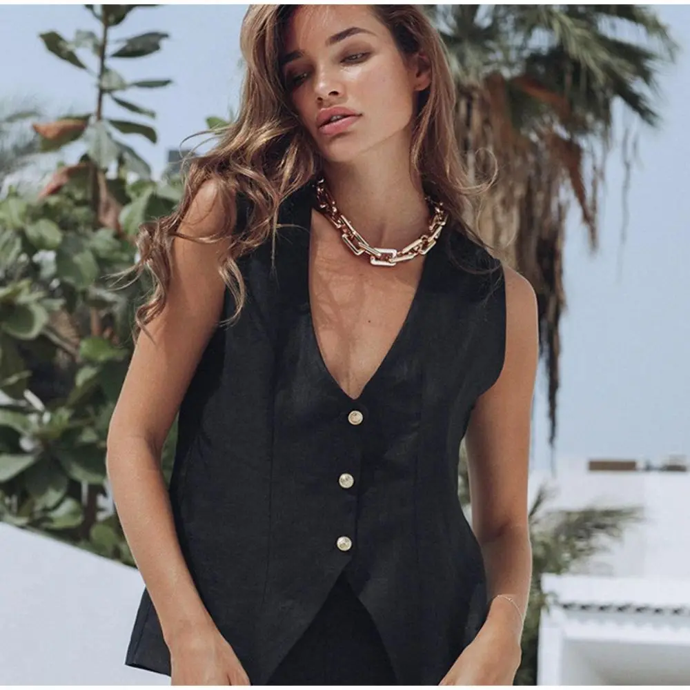 Sexy Black V-Neck Buttoned Slit Vest Pants Women Suit 2023 Summer Sleeveless Wide Leg Pant Female Suits Fashion Office Lady Set