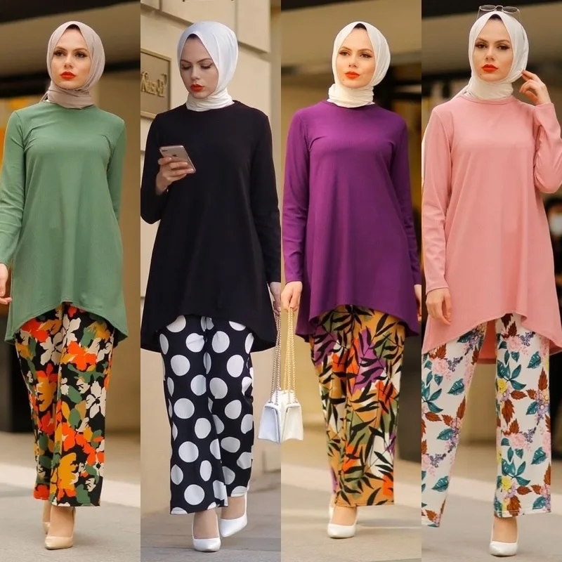 Vintage Muslim Soft Ribbed Knit Solid Long Sleeves Tops and Printed Pants 2 Piece Sets Islamic Casual Elegant Women Autumn Suit