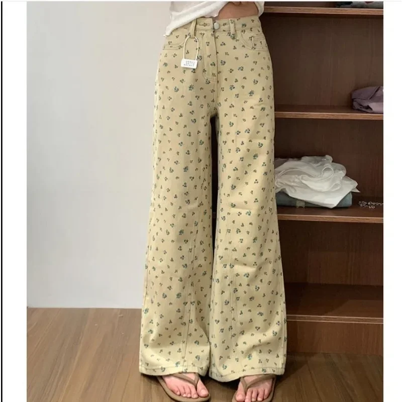 Женские винтажные джинсы QWEEK Y2k с цветами Мешковатые повседневные джинсовые