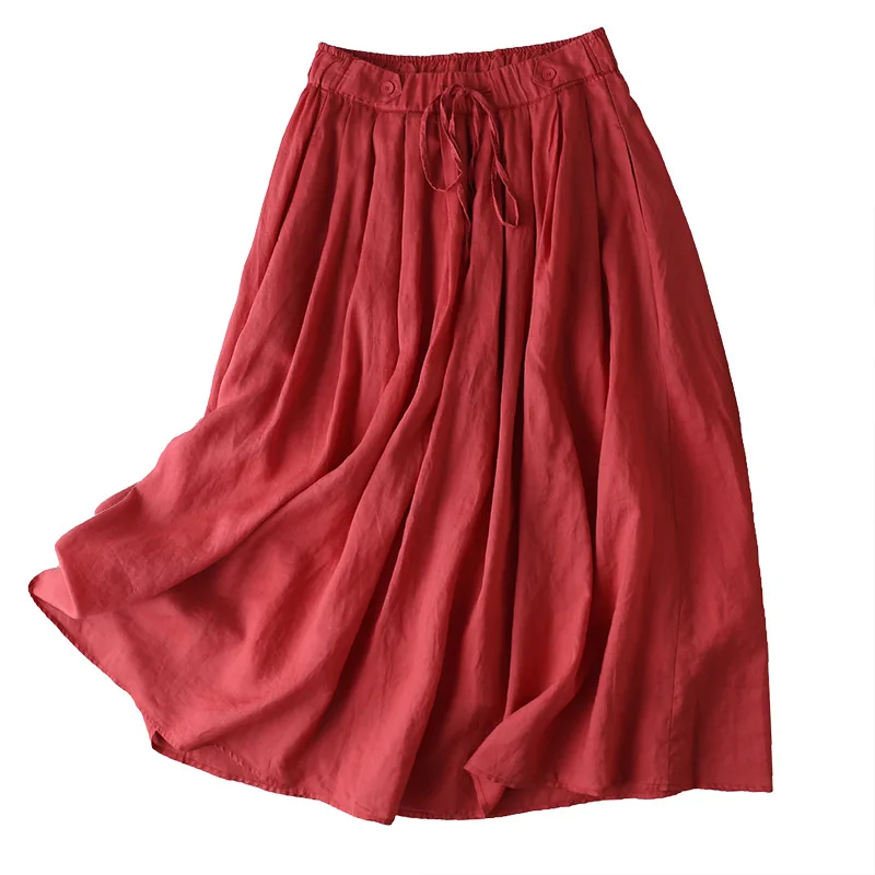 

SHUCHAN Linen Japan Style Solid A-LINE Mid-Calf Empire Woman Skirts Faldas Largas Mujer Korean Style 2022