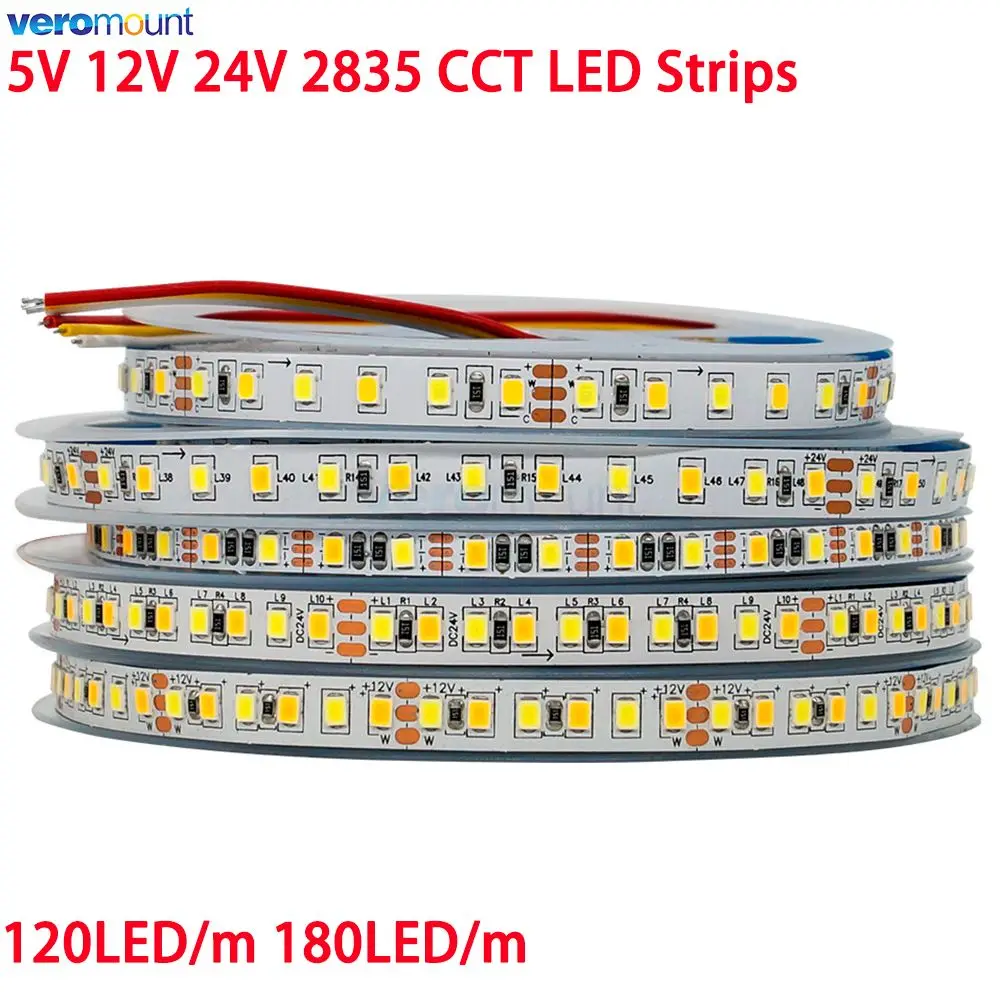 5m Dual Color SMD 2835 CCT Dimmable LED Strip Light 5V 12V 24V DC WW CW Color Temperature Adjustable Flexible LED Tape Ribbon