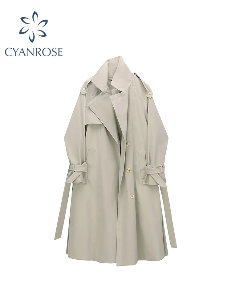 2022 Autumn Winter Beige Minimalist Women's Trench Coat Lapel Collar Sashes Windbreaker Loose Long Sleeve Double Breasted Trench