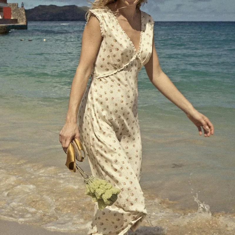 2023 Summer Dress Imitation Silk Printing Sleeveless Women Dress Midi Dress