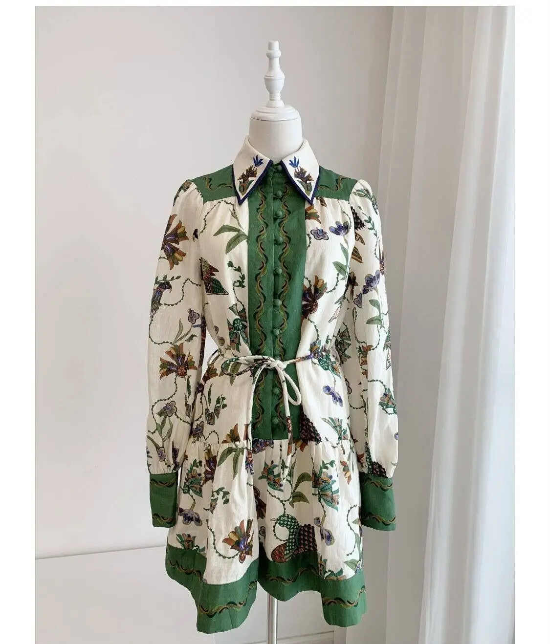 

100% Linen New Women Vintage Style Long Sleeve Green Flower Print Single Breasted Mini Shirt Dress