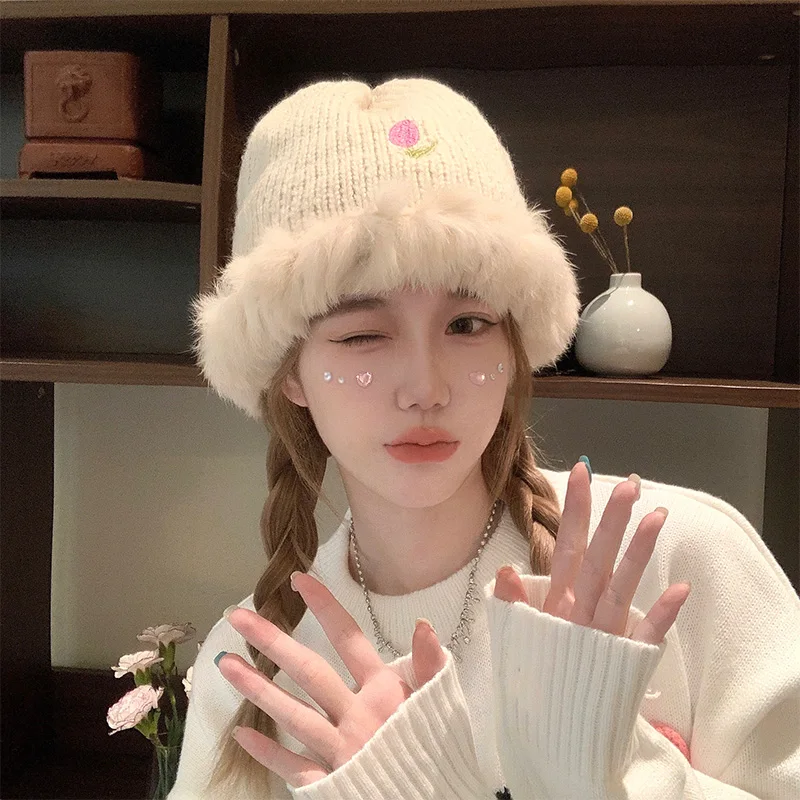 

Tulip Rabbit Beanies Hat Autumn and Winter Japanese Wild Thick Warm Plush Ear Protection Knitted Caps Fashion Women's Hats