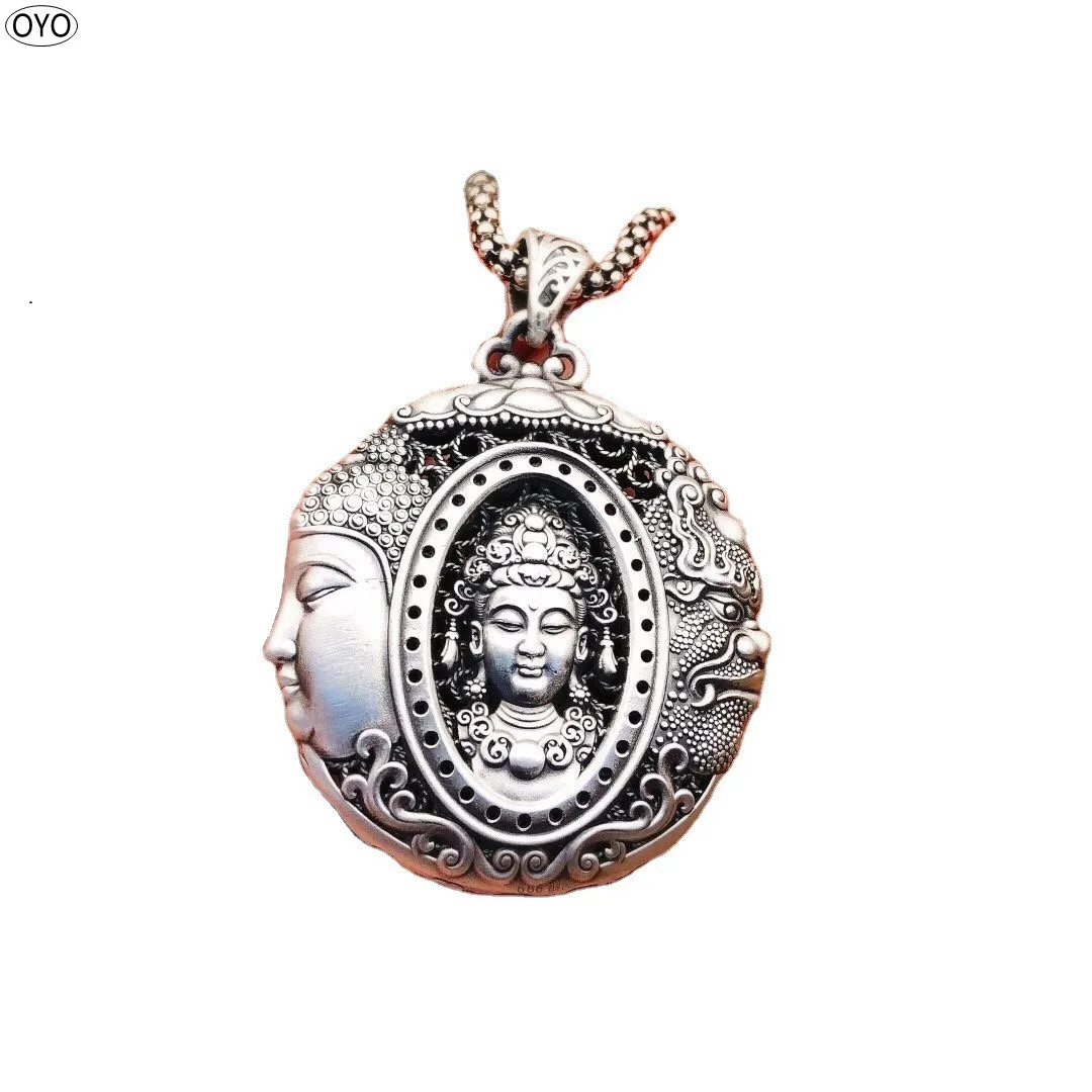 100% 999 Silver hollow out silk Buddha and devil, ancient pendant Buddha head