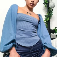 autumn womens one shoulder tube top halter hollow stitching loose chiffon lantern sleeves two piece suit slim t shirt 2021 top