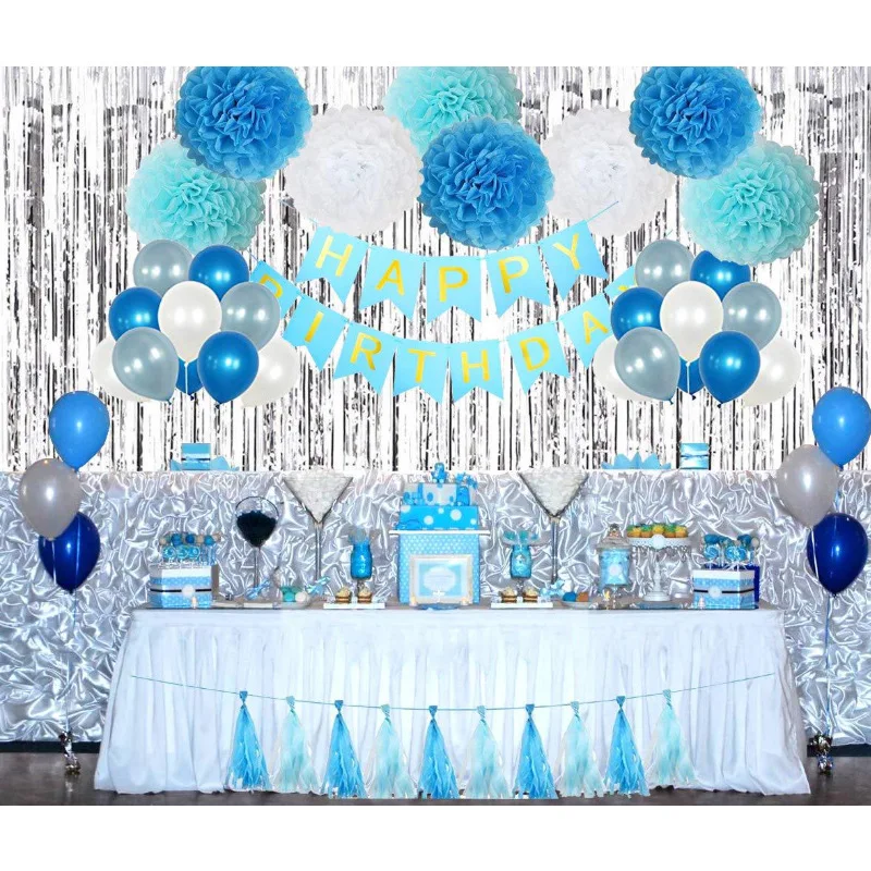 

Happy Birthday Decoration Blue Happy Birthday Banner Balloons Paper Flower Set Flag Bunting First Birthday Decor Boy Baby Shower