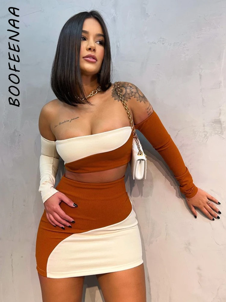 

BOOFEENAA комплект из 2 предметов, сексуальные костюмы для ночного клуба для женщин, цветные блоки, с открытыми плечами, фотокостюмы, осень 2022 ...