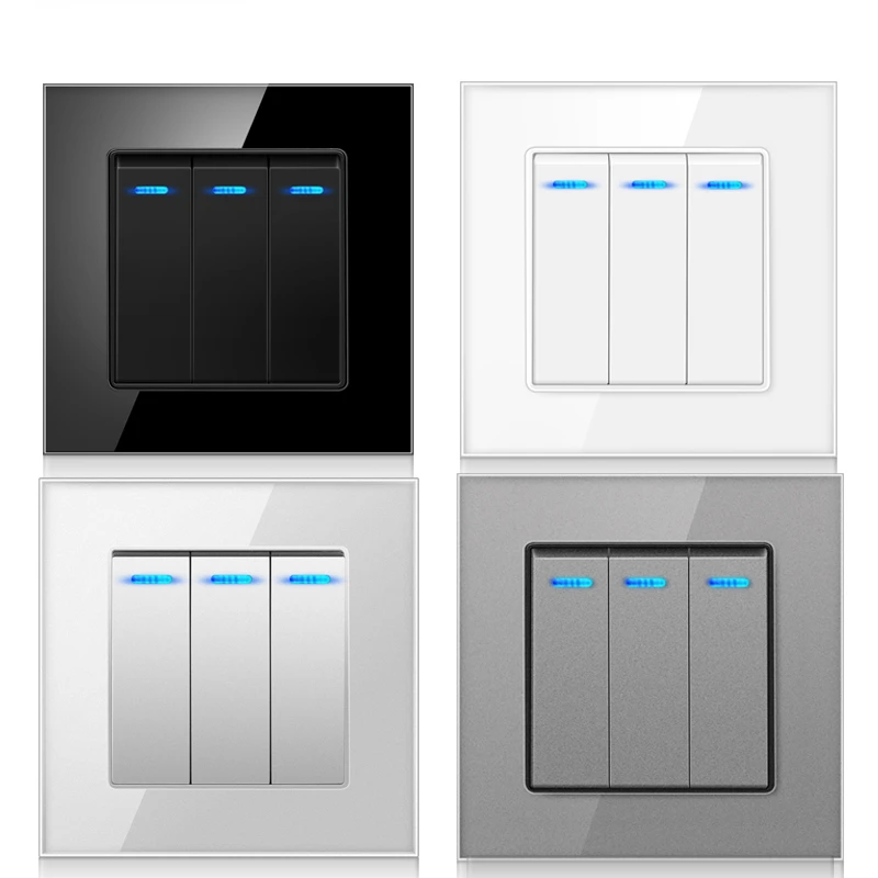 

Panel de cristal templado de lujo, interruptor de luz de 3 entradas y 1 vía, interruptor de pared de encendido y apagado c