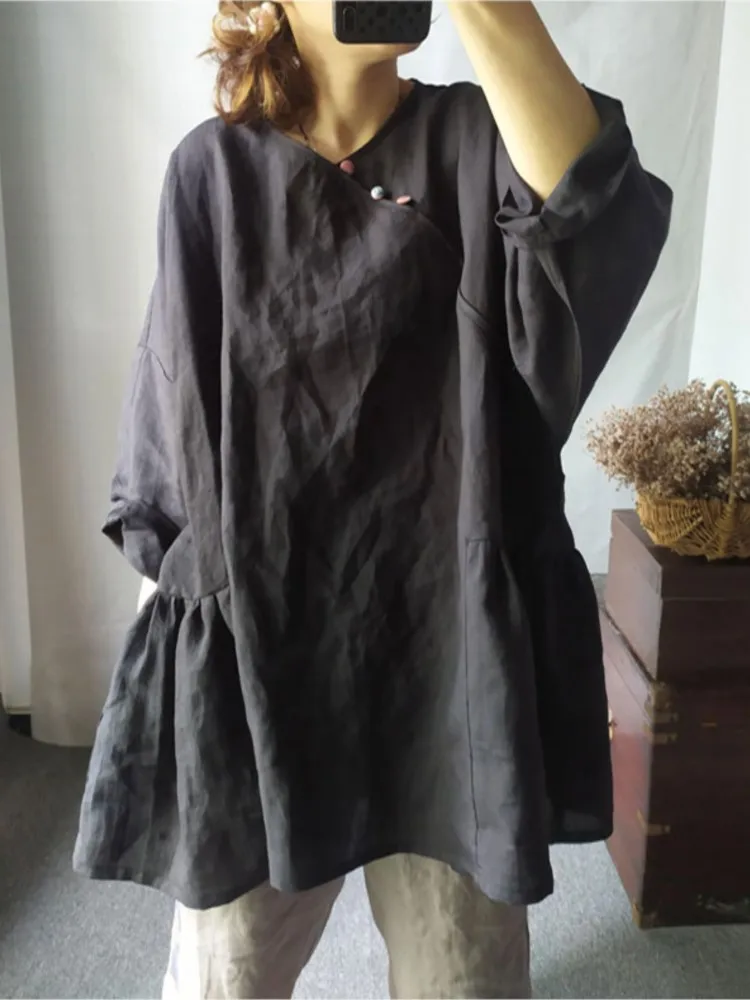 

Womens Solid Color Blouse Original Vintage Loose Ramie Casual Women Top