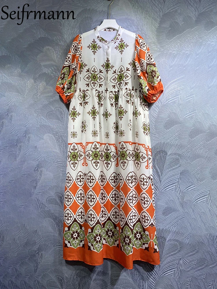 

Seifrmann High Quality Summer Women Fashion Runway Loose Dress Lantern Short Sleeve High Waist Vintage Print Party Long Dresses