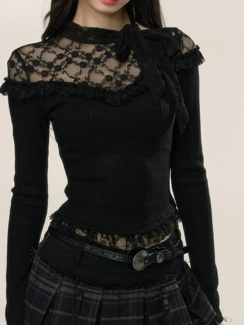 Черная рубашка Fungus Edge Sweet Spicy Splicing Base для женщин осень-зима новая блузка с длинными