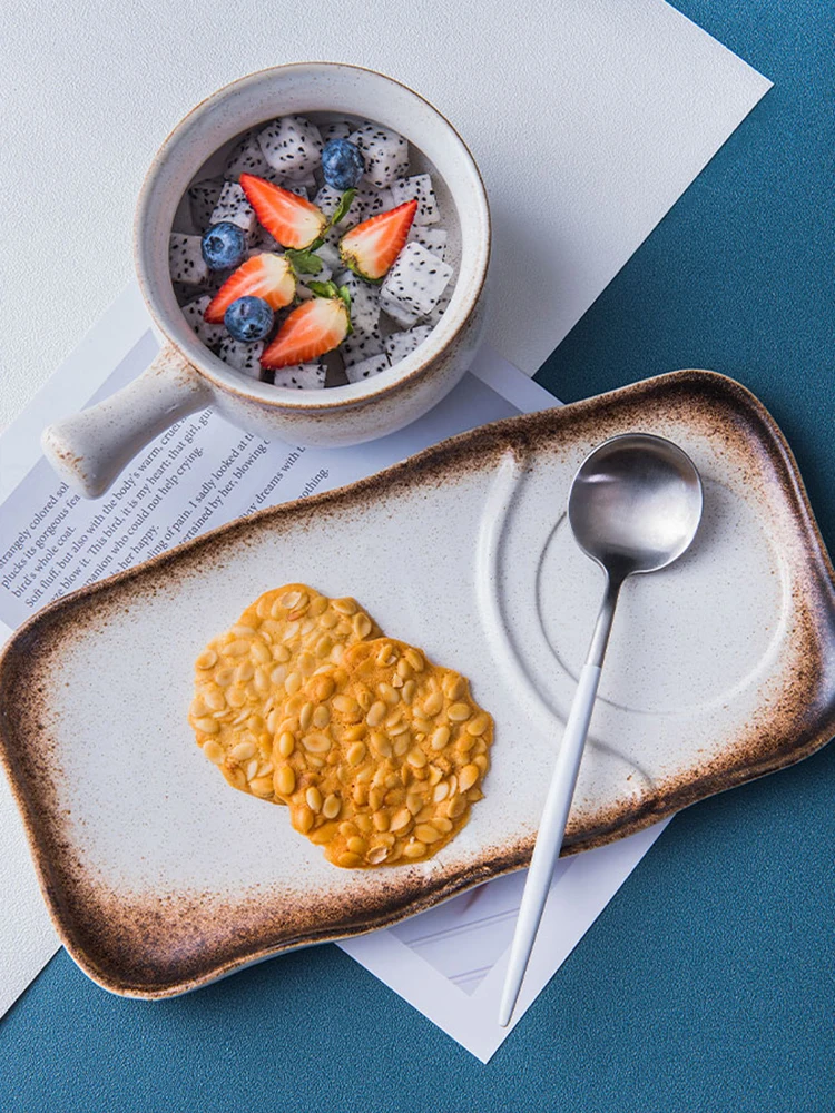 

Japanese Ceramic Dishes Retro Dinner Plate Home Breakfast Bowl with Handle Fruit Dessert Salad Snack Plate Restaurant Tableware