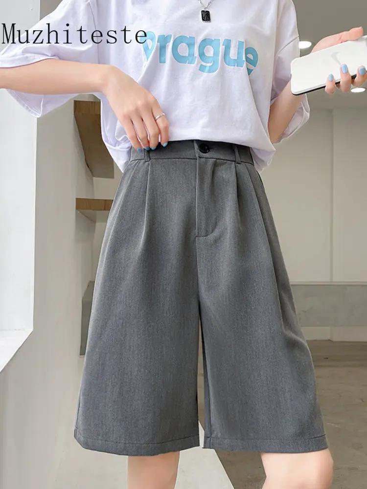 

Шорты женские однотонные с завышенной талией, деловой костюм, повседневные Прямые брюки с широкими штанинами, лето