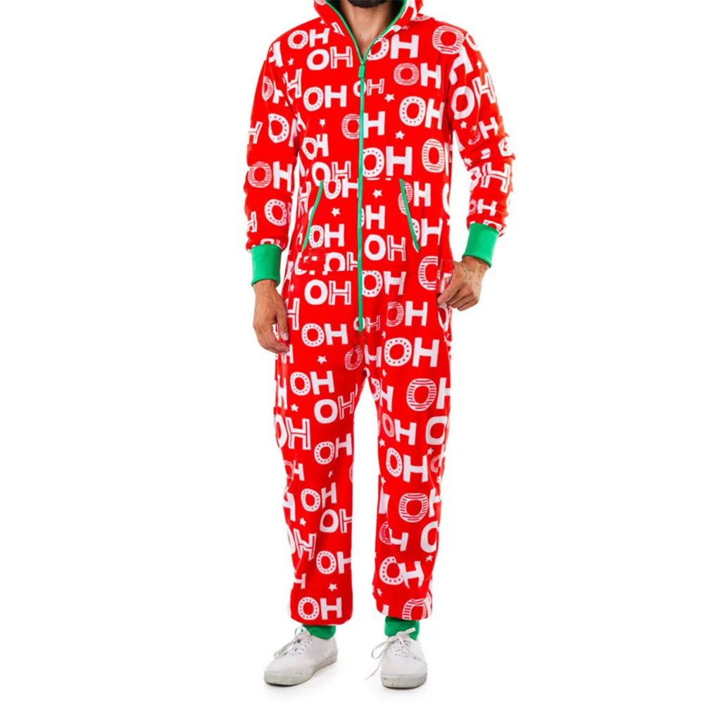 Christmas Sleepwear Men Autumn Winter Warm Elk Snowman Print Long Sleeve Pajamas Jumpsuit Leisure Soft Home Clothes