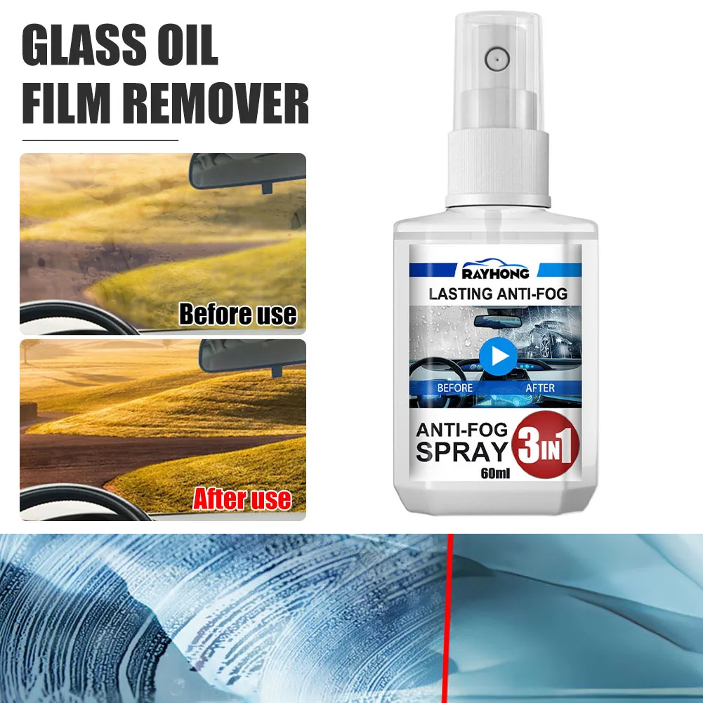 

3 In 1 60ml Car Glass Spray Agent Anti Fog Auto Windshield Cleaning Kit Waterproof Long-Lasting Protection Liquid Accessories