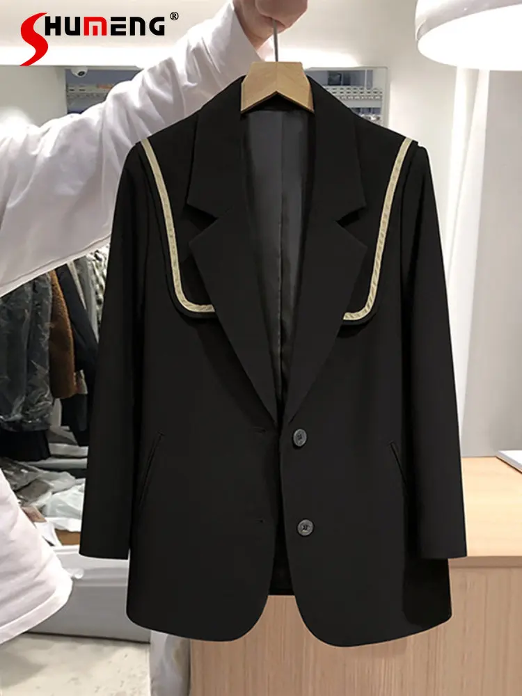 Fashion Woman Black Blazer 2022 Loose Temperament Sailor Collar Elegant Female Blazers Mid-length Suit Winter Jackets for Women