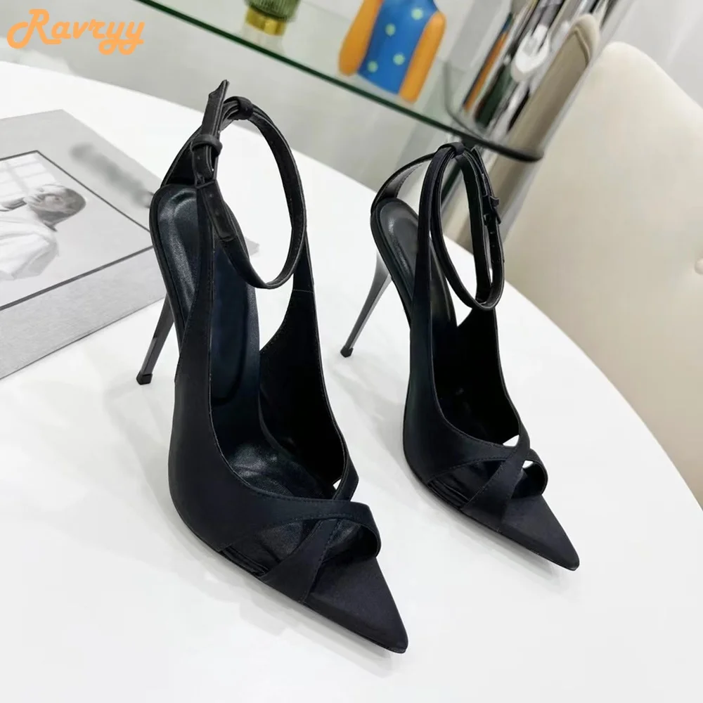 2022 New Satin Hollow Sandals Pointed Toe Stiletto Heel Shallow High Heels Ankle Strap Women Fashion Casual Black Purple Sandals