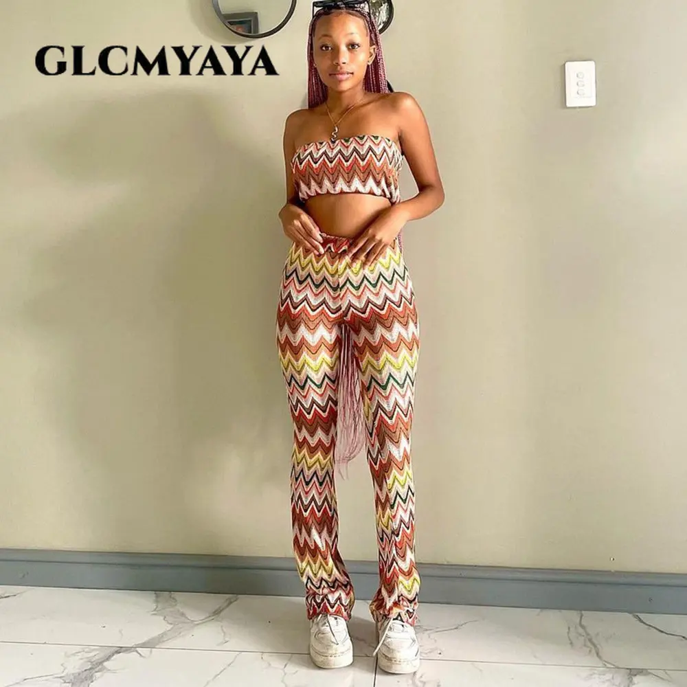 Вязаный женский комплект GLCMYAYA в полоску с волнистыми полосками укороченный Топ