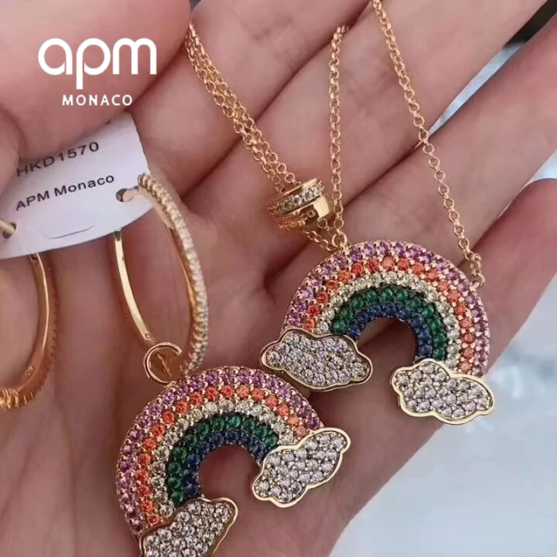 

APM Monaco 22SS Rainbow Crystal Diamond Pendant Women's Premium Necklace Ladies Colorful Shiny Asymmetric Delicate Earrings