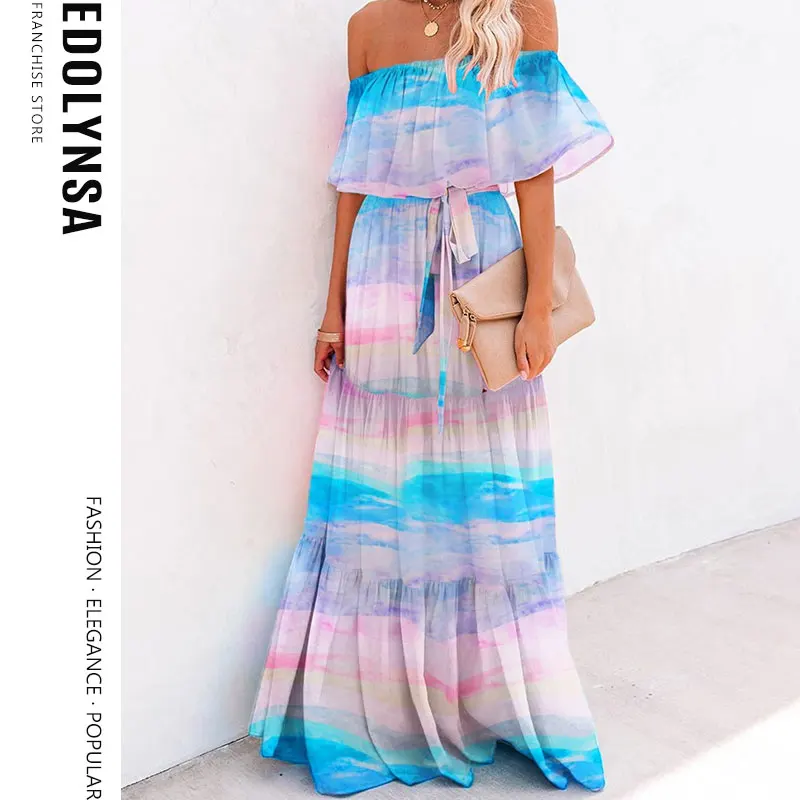 

Multicolored Bohemian Ruffled Off Shoulder Self Belted Party Dress Cotton Tunic Women Plus Size Boho Maxi Dresses Vestidos A324