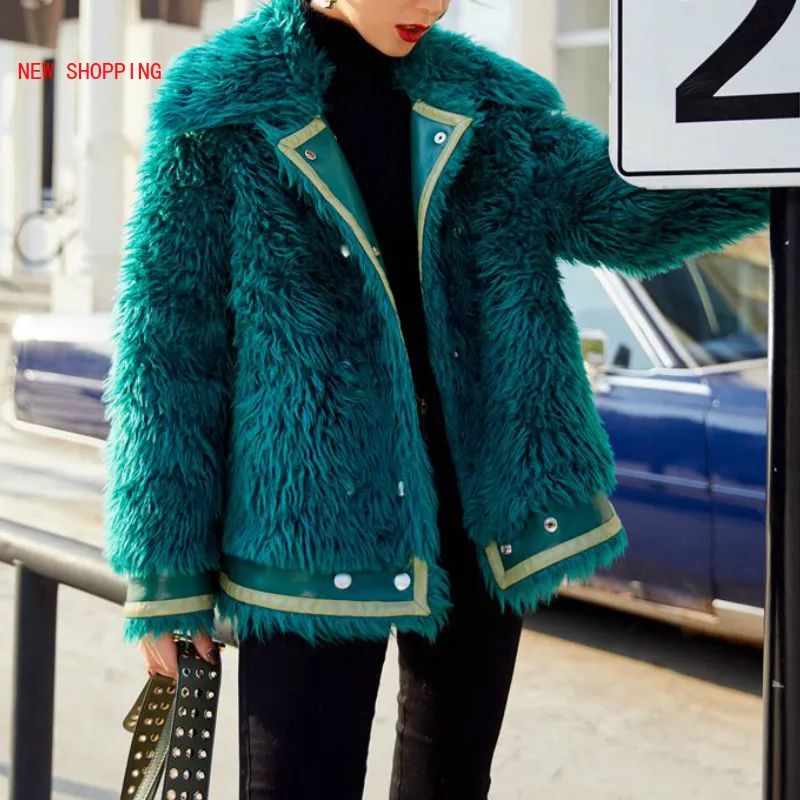 Winter Vintage Green Faux Fur Coat Women Thick Lamb Fur Overcoat Lapel Motorcycle Jacket Ladies Fluffy Coats Fashion Chic New