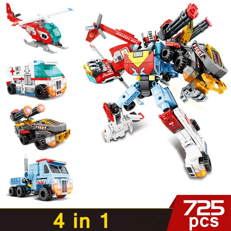 

Building Bricks City Ambulance Aircraft Large Truck Missile Launcher 4 in 1 Mecha Deformation Robot Children's Birthday Gift