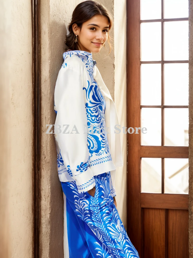 Zbza Женская Атласная Рубашка С Принтом И Широкие Брюки Комплект Высокой Талией